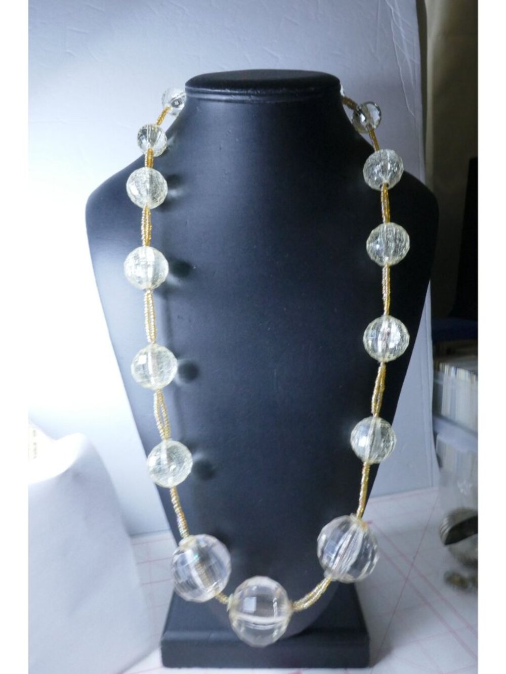 Vintage 80s Clear Faceted Lucite Bead Necklace Graduated Statement MCM 1.25" Orb - Picture 5 of 6